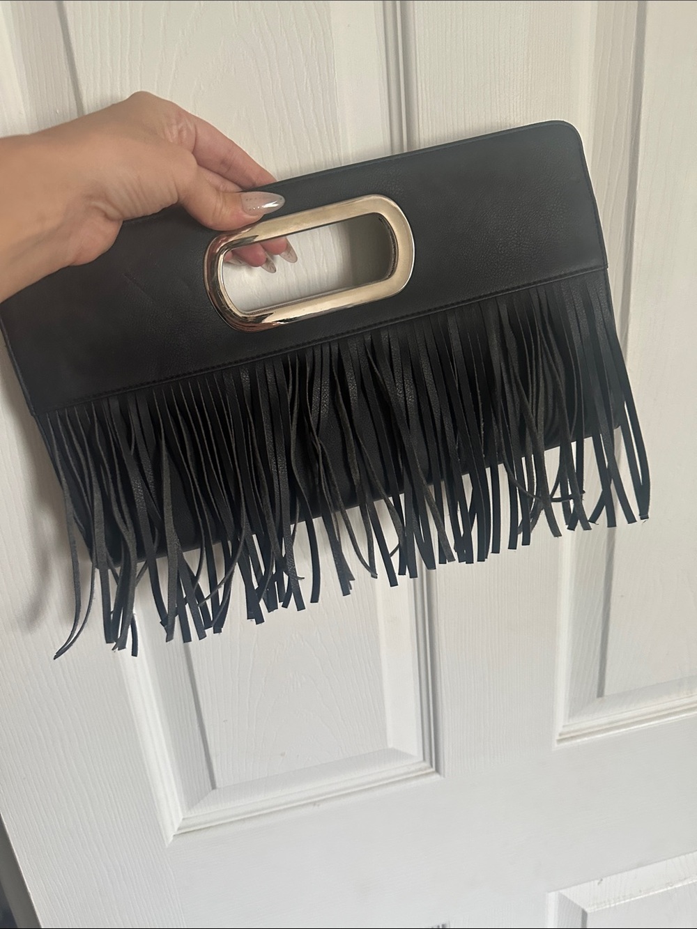 Versona Black Fringe Clutch with Silver Cutout Handle